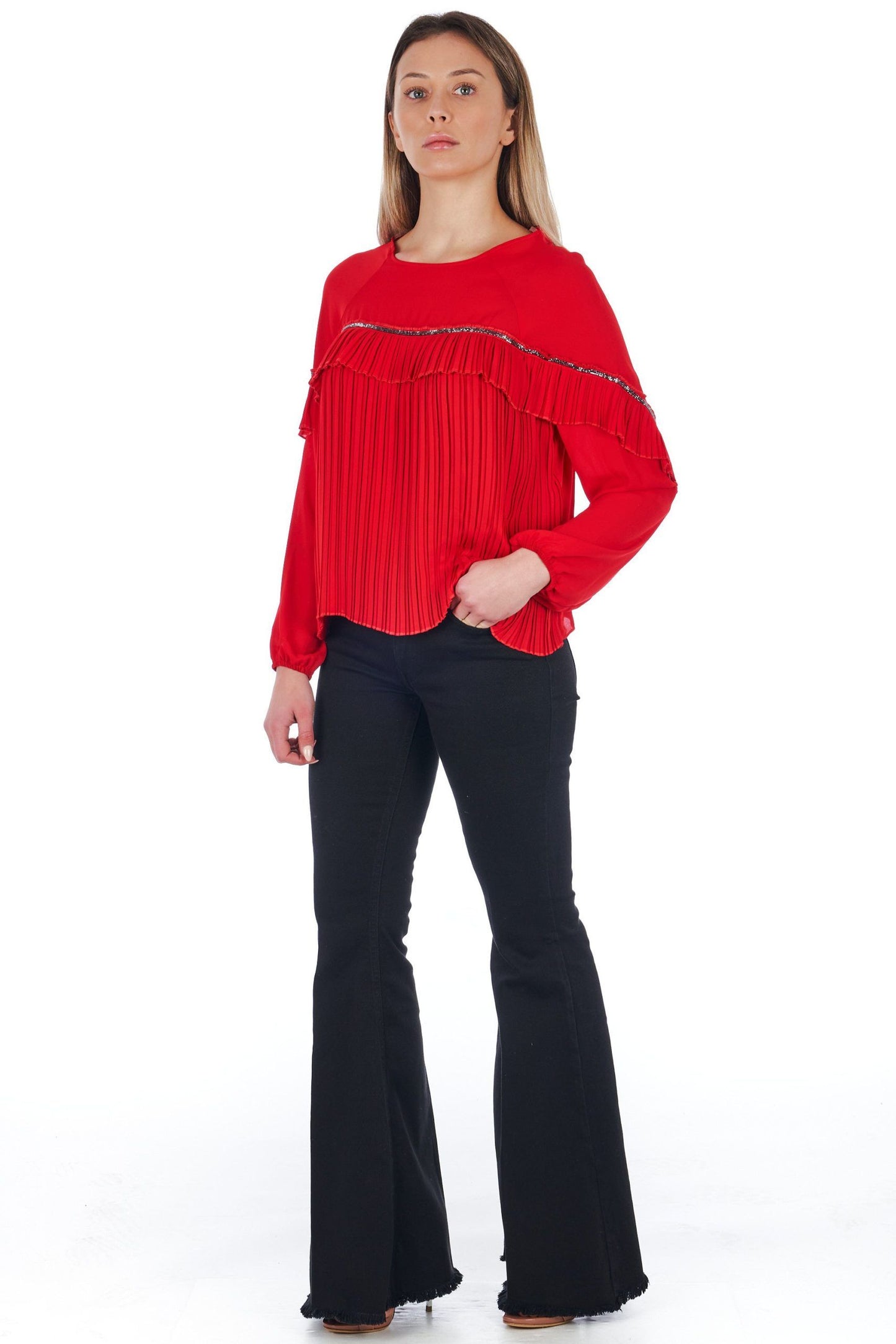 Elegant Red Pleated Long-Sleeve Blouse