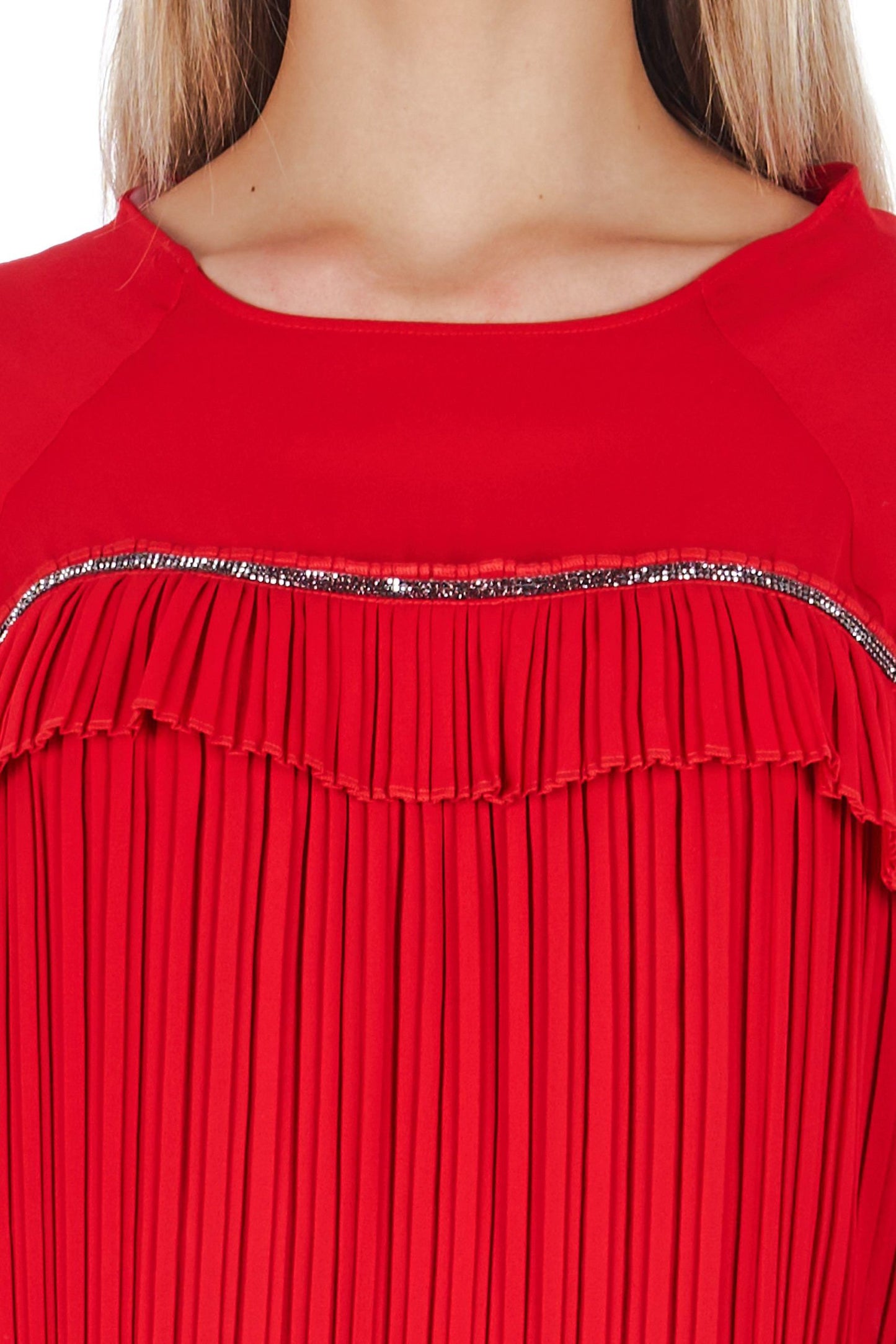 Elegant Red Pleated Long-Sleeve Blouse