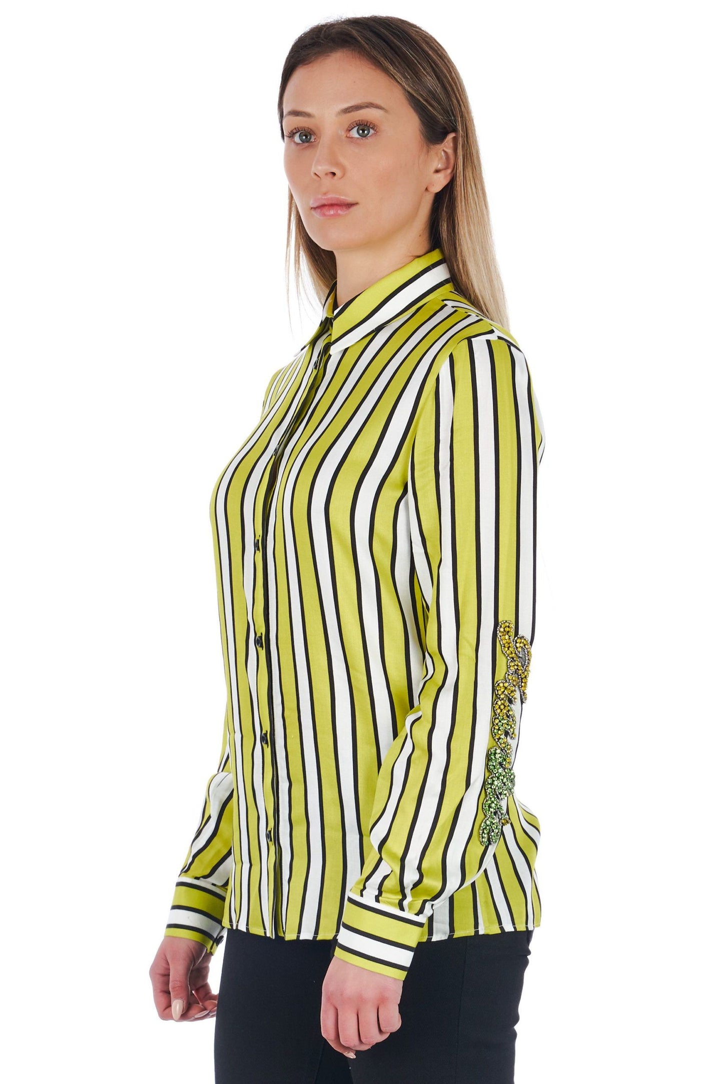 Elegant Striped Jewel-Sleeve Shirt