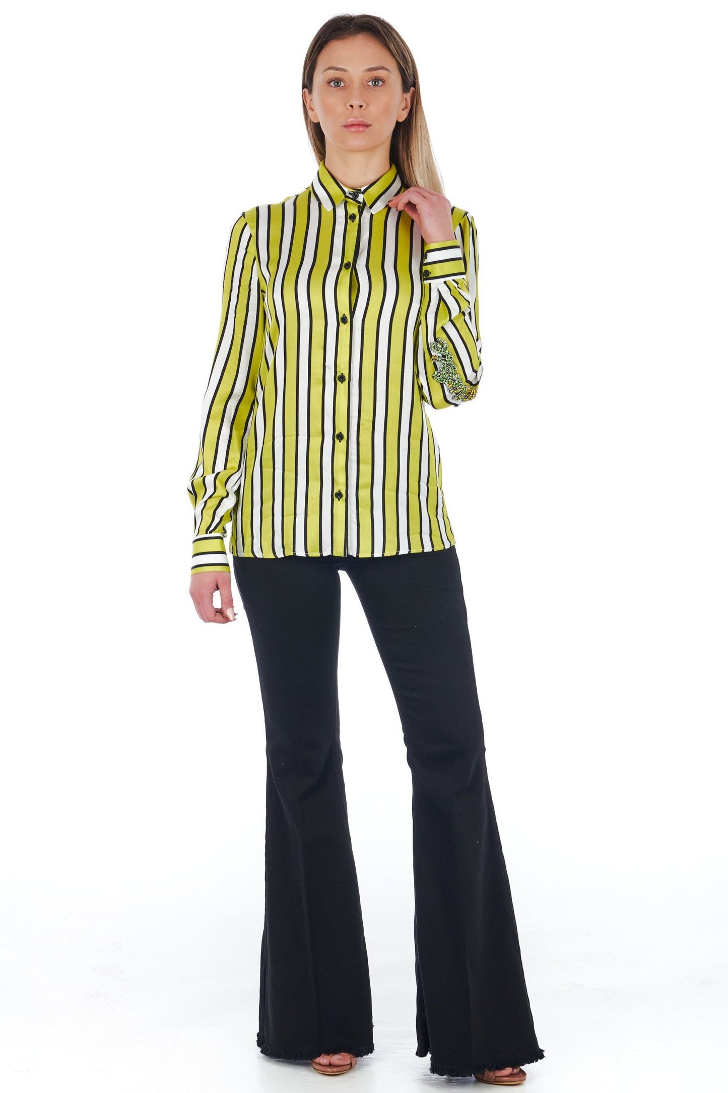 Elegant Striped Jewel-Sleeve Shirt