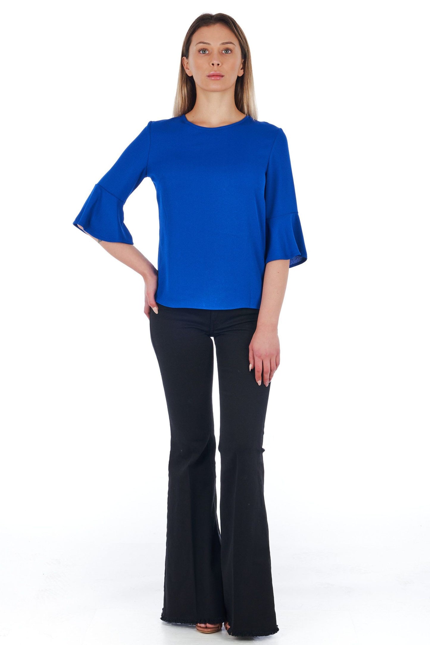 Elegant Blue Flared-Sleeve Blouse