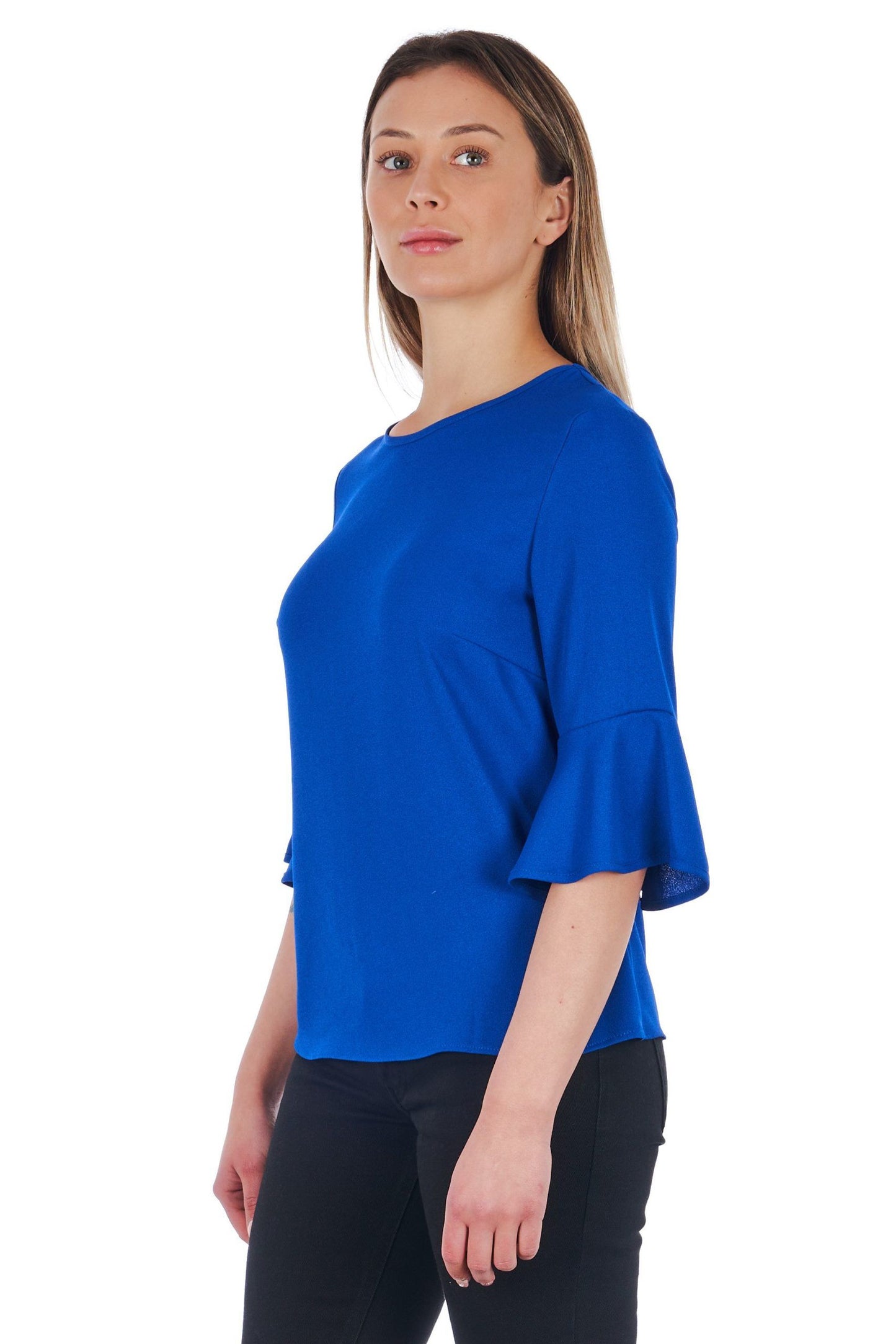 Elegant Blue Flared-Sleeve Blouse