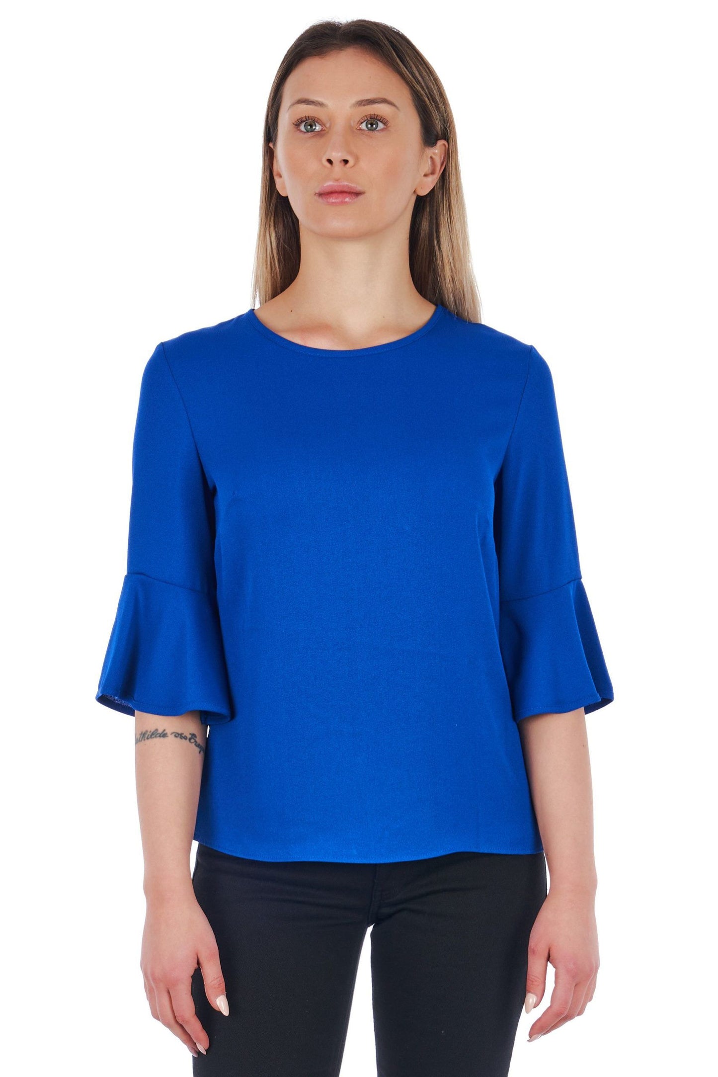 Elegant Blue Flared-Sleeve Blouse