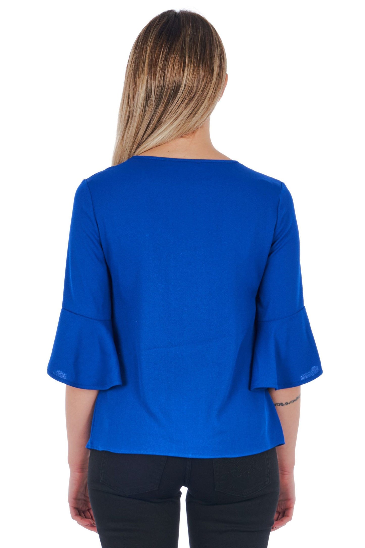 Elegant Blue Flared-Sleeve Blouse