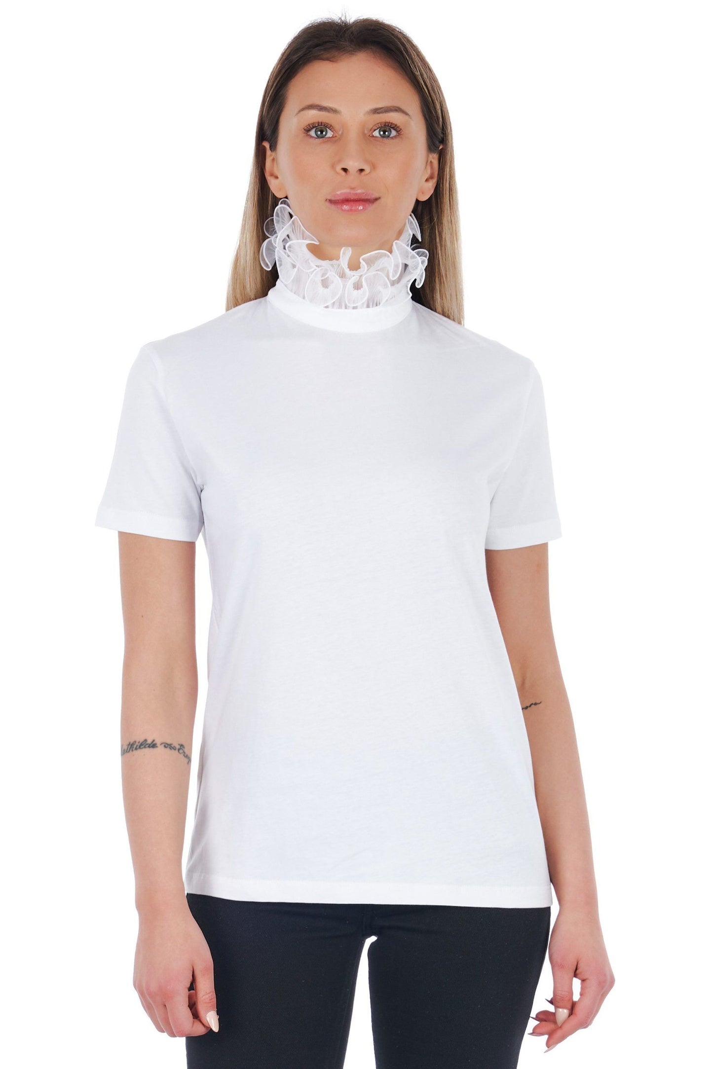 Elegant Lace-Embellished High Neck Tee