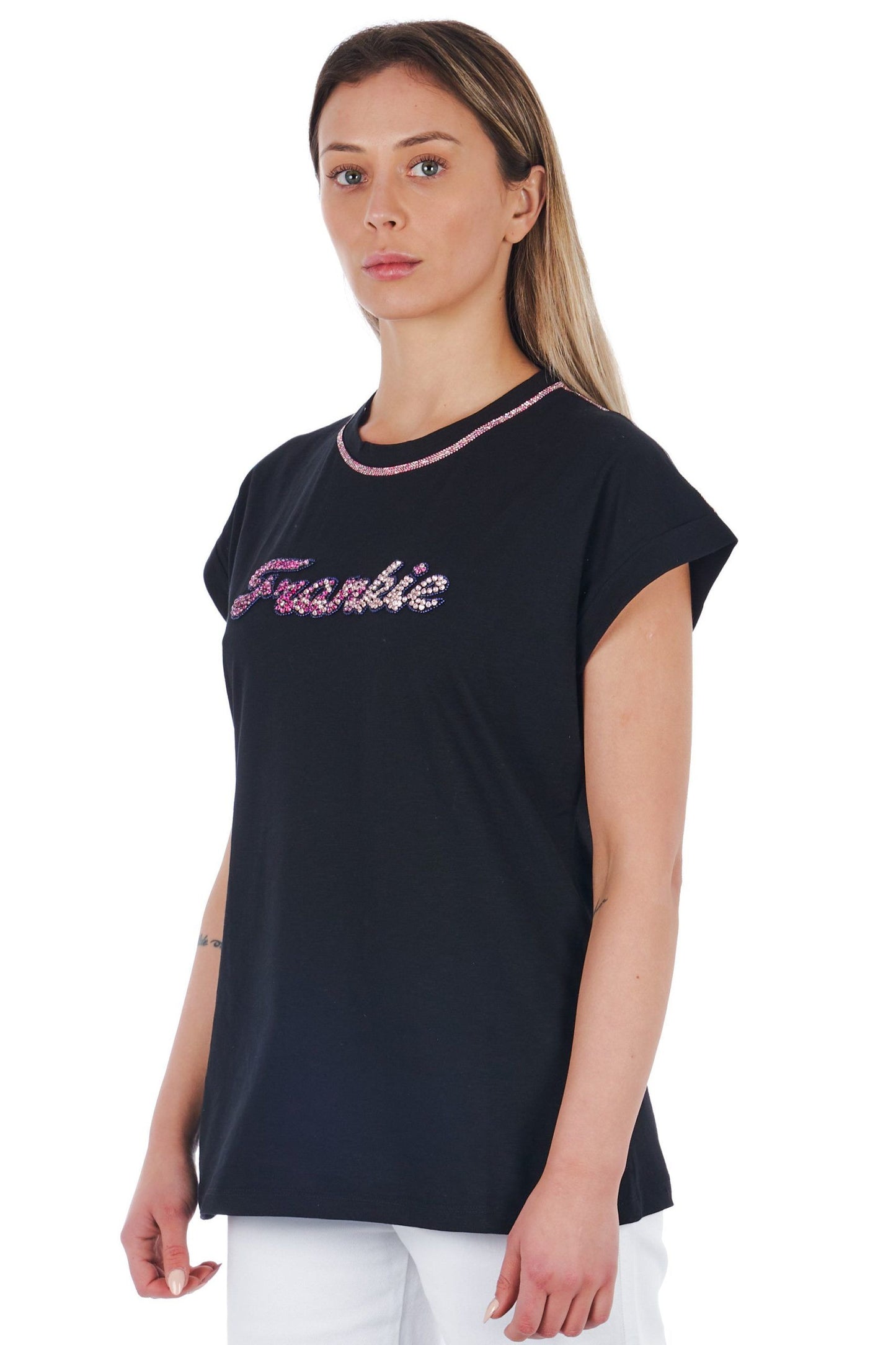 Chic Graphic Tee with Unique Appliqué Detail