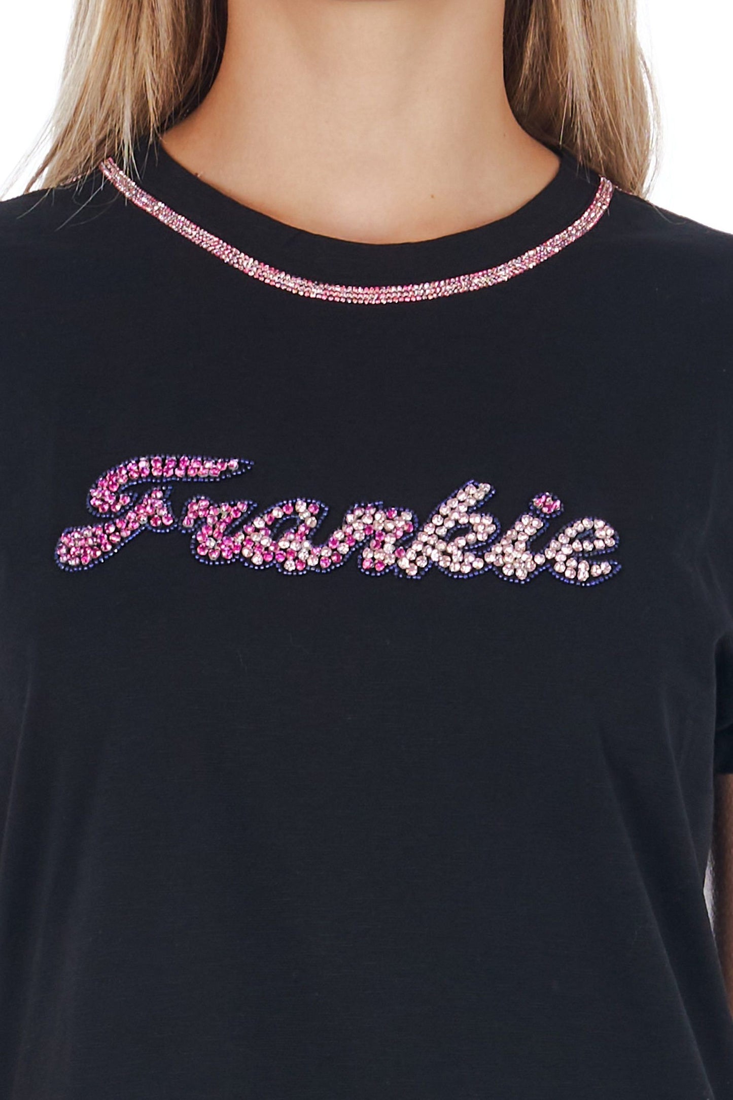 Chic Graphic Tee with Unique Appliqué Detail