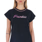 Chic Graphic Tee with Unique Appliqué Detail