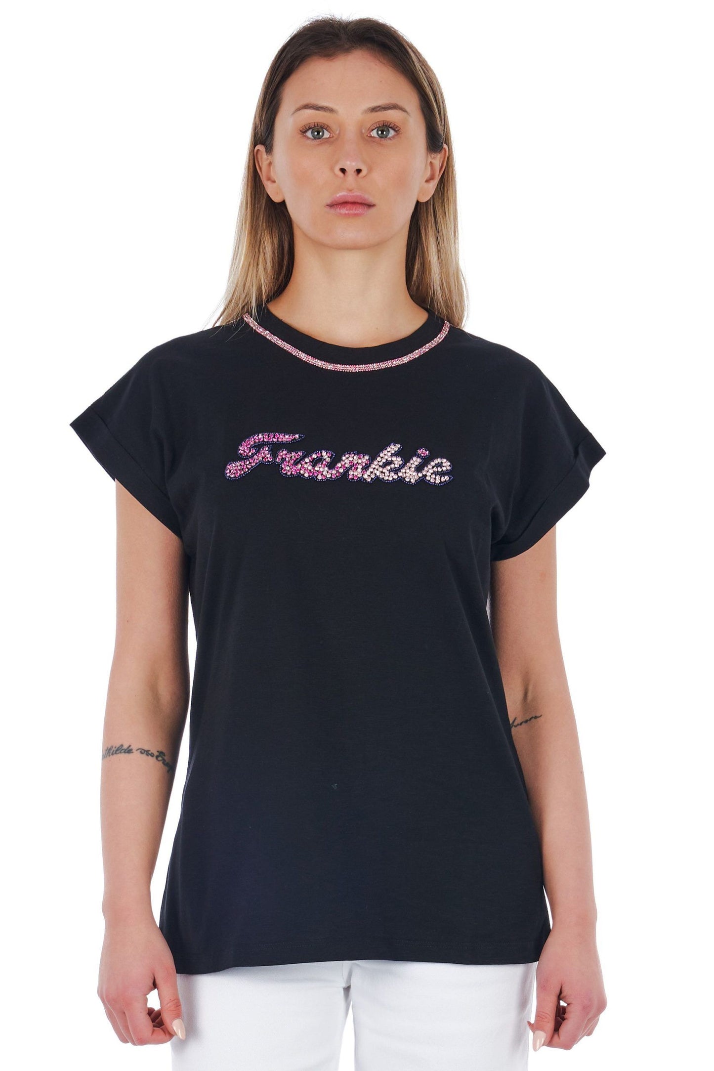 Chic Graphic Tee with Unique Appliqué Detail