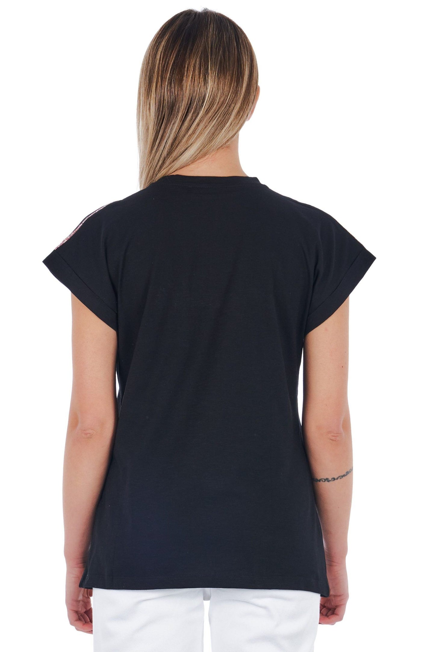 Chic Graphic Tee with Unique Appliqué Detail