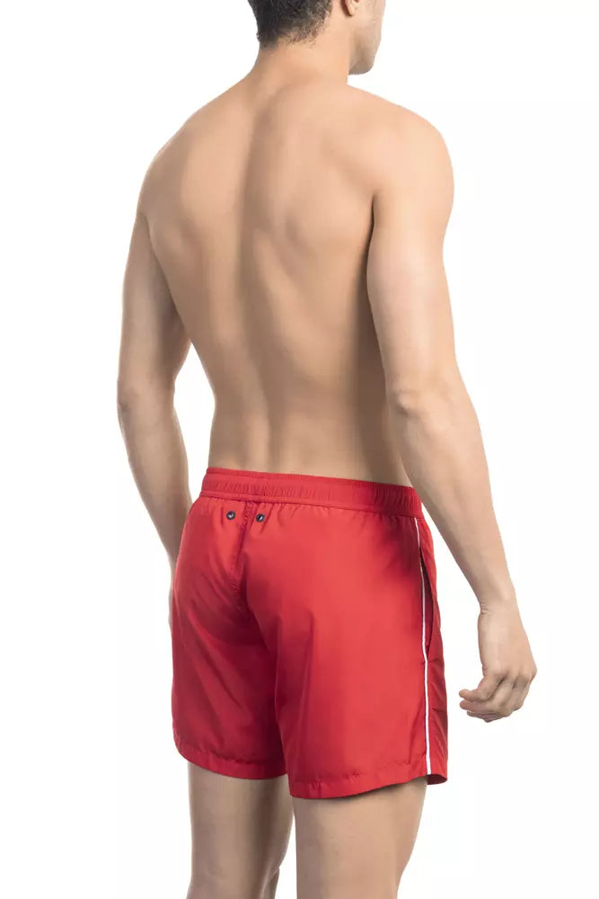 Sleek Red Swim Shorts with Dynamic Front Print