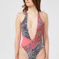 Fuchsia Patterned Swimsuit with Chic Neckline