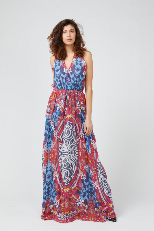 Fuchsia Floral Fantasy Sleeveless Long Dress