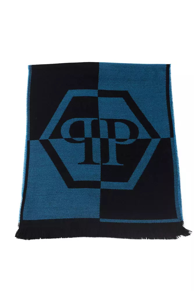 Elegant Fringed Blue Wool-Blend Scarf