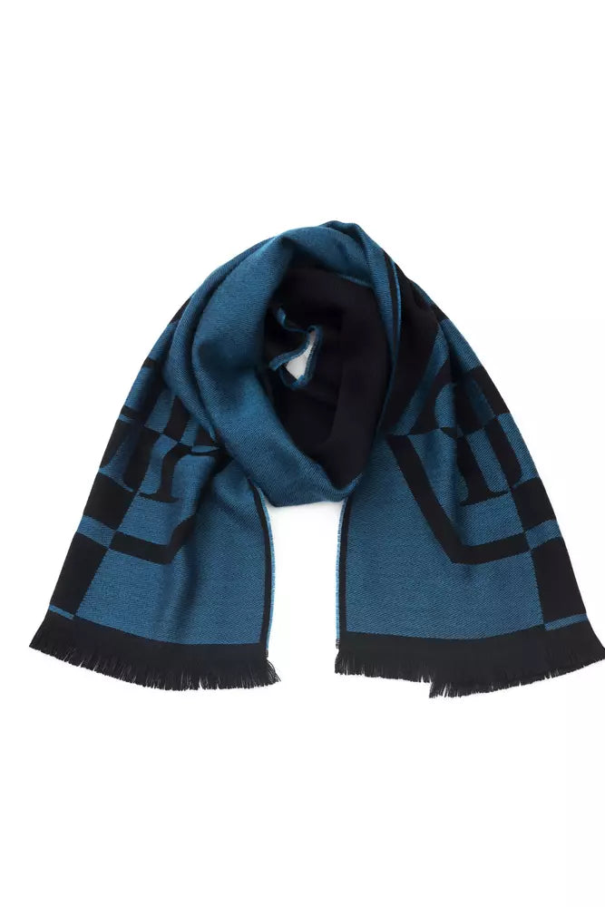 Elegant Fringed Blue Wool-Blend Scarf