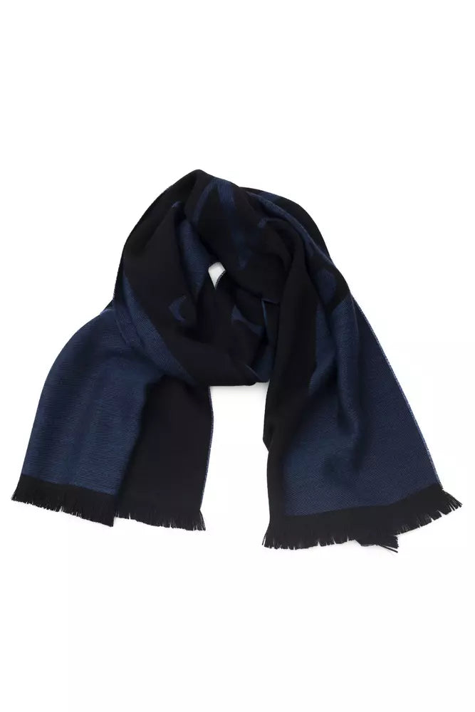 Elegant Blue Wool-Blend Fringed Scarf