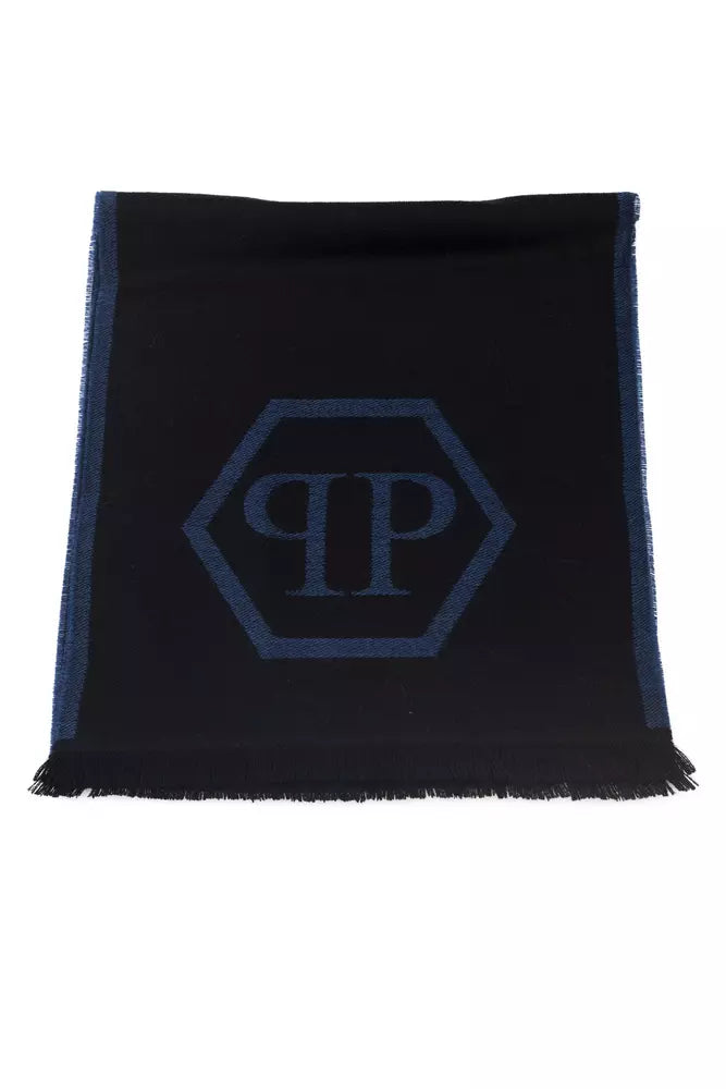 Chic Blue Fringed Logo Scarf