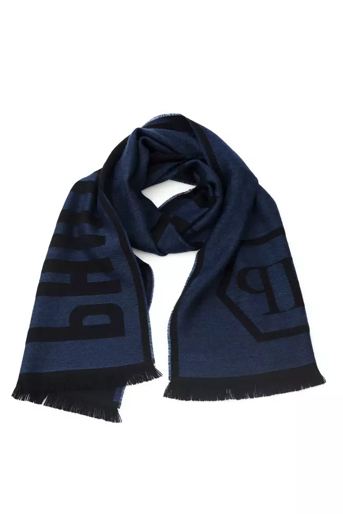 Chic Blue Fringed Logo Scarf