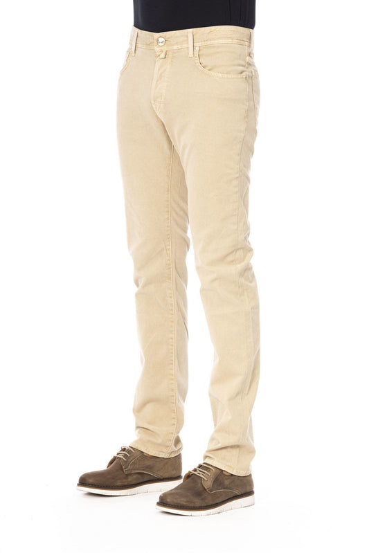 Beige Cotton Blend Jeans with Embroidered Accents