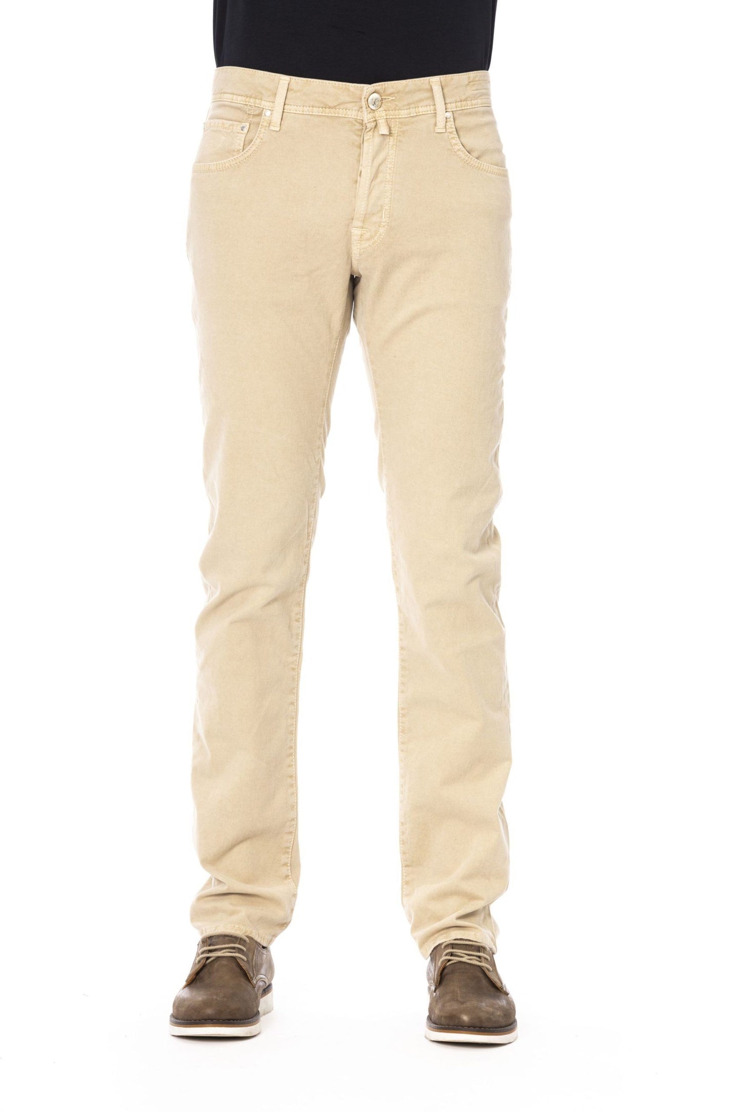 Beige Cotton Blend Jeans with Embroidered Accents