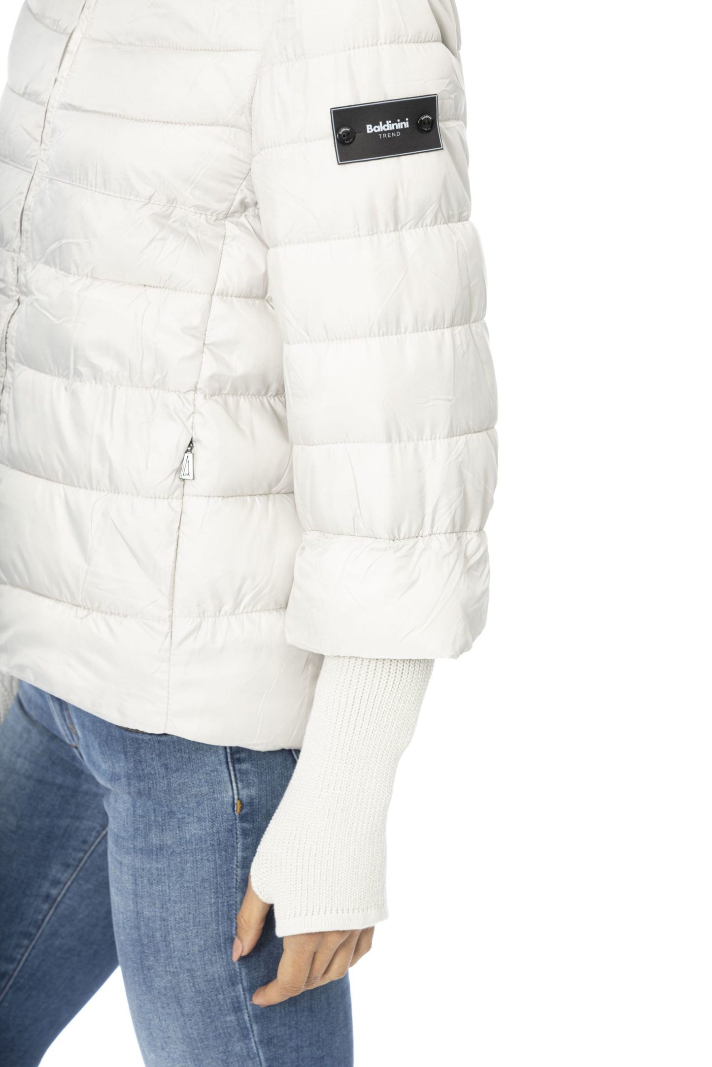 Chic White Polyester Down Jacket with Metal Monogram