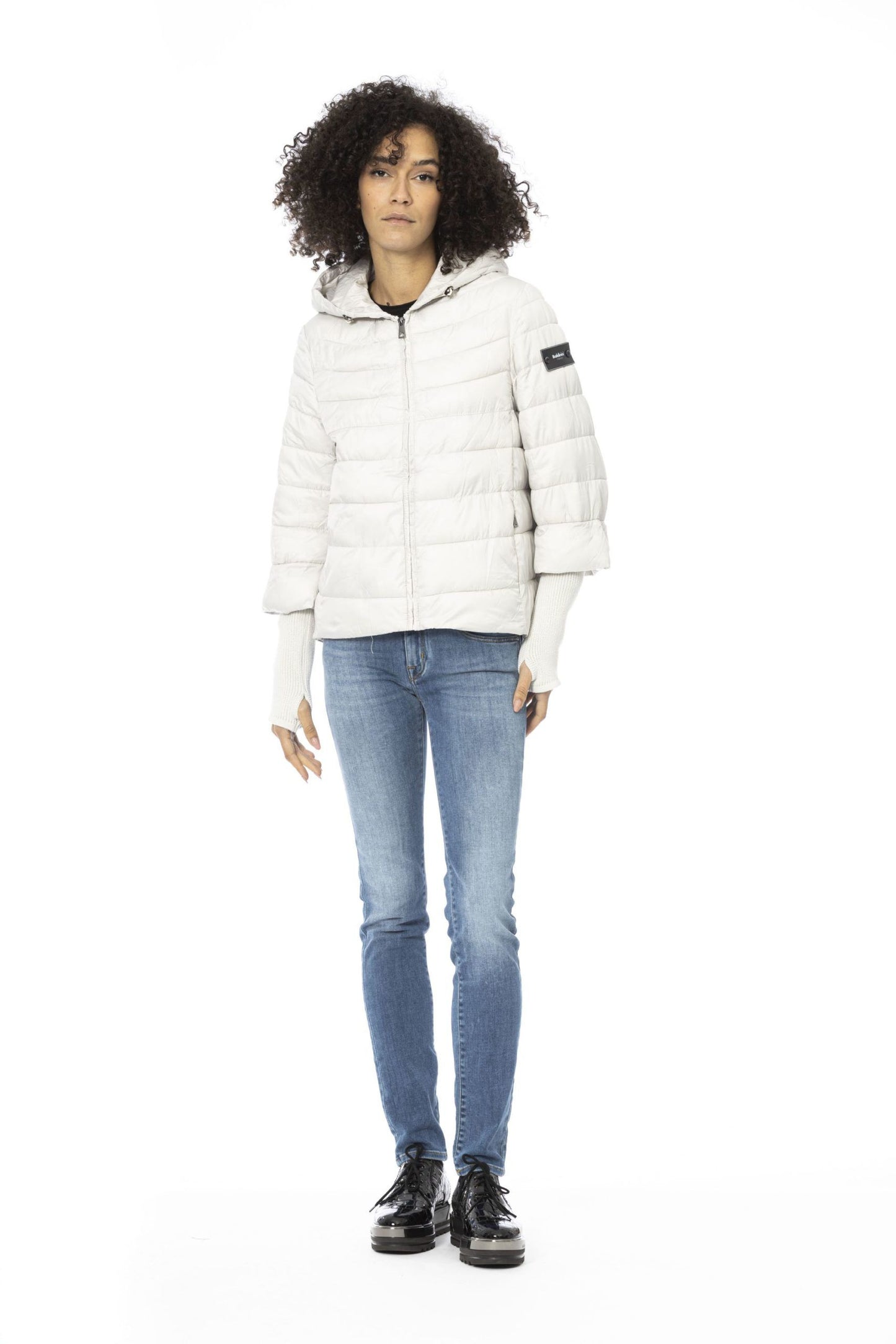 Chic White Polyester Down Jacket with Metal Monogram