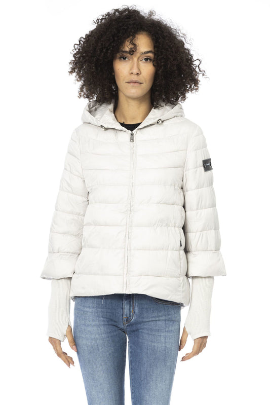 Chic White Polyester Down Jacket with Metal Monogram