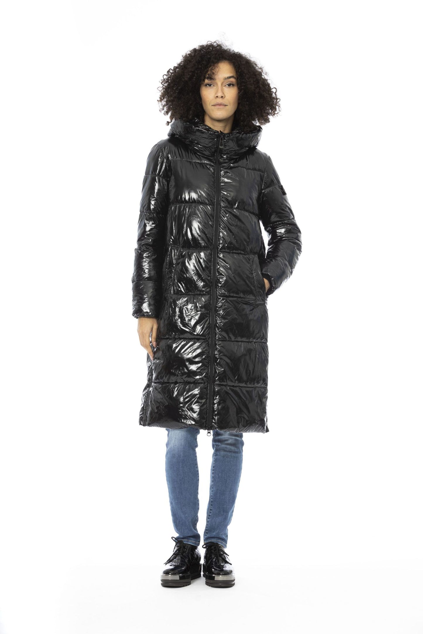 Chic Black Long Down Jacket with Monogram