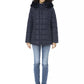Elegant Blue Long Down Jacket with Fur Hood