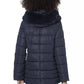 Elegant Blue Long Down Jacket with Fur Hood