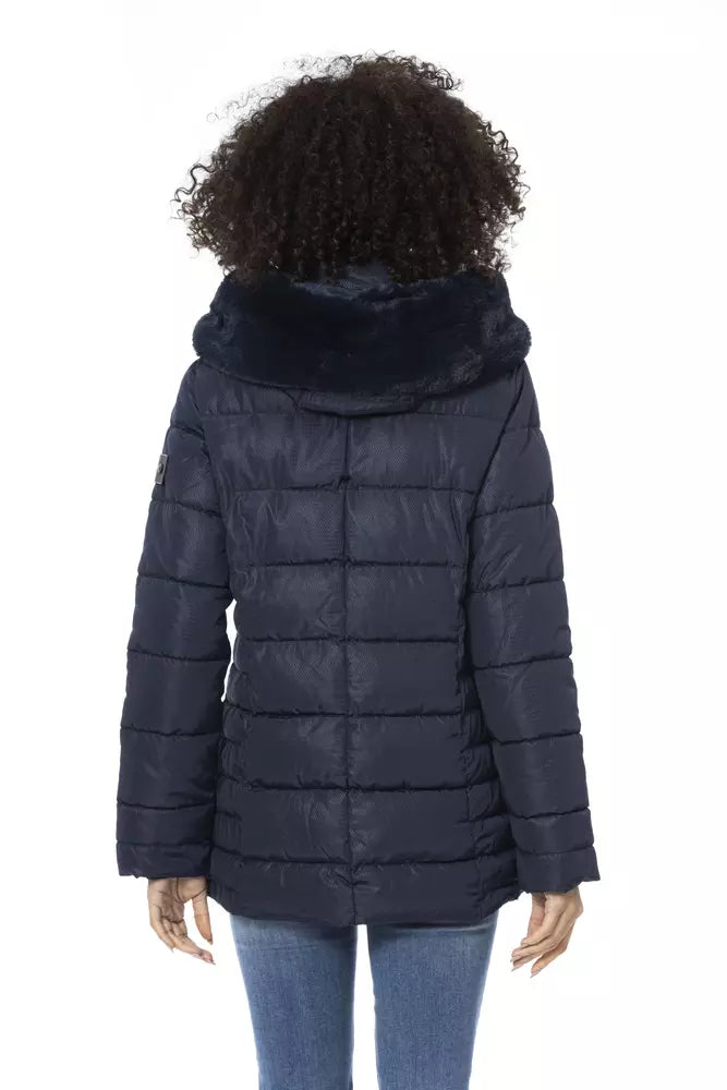 Elegant Blue Long Down Jacket with Fur Hood