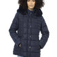 Elegant Blue Long Down Jacket with Fur Hood