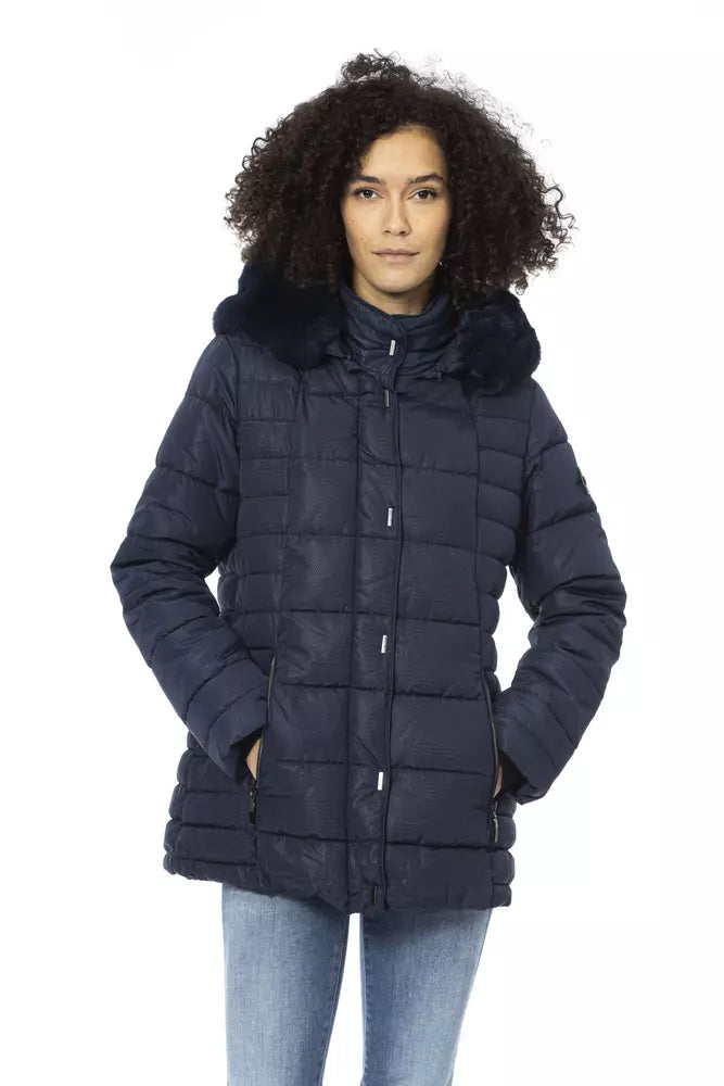 Elegant Blue Long Down Jacket with Fur Hood