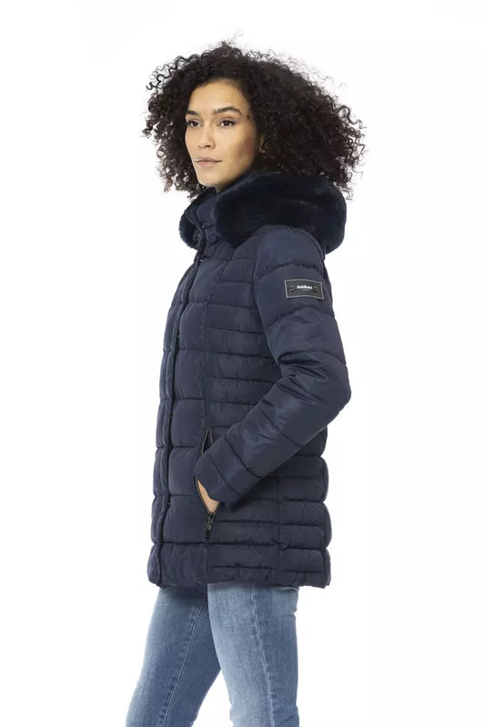 Elegant Blue Long Down Jacket with Fur Hood