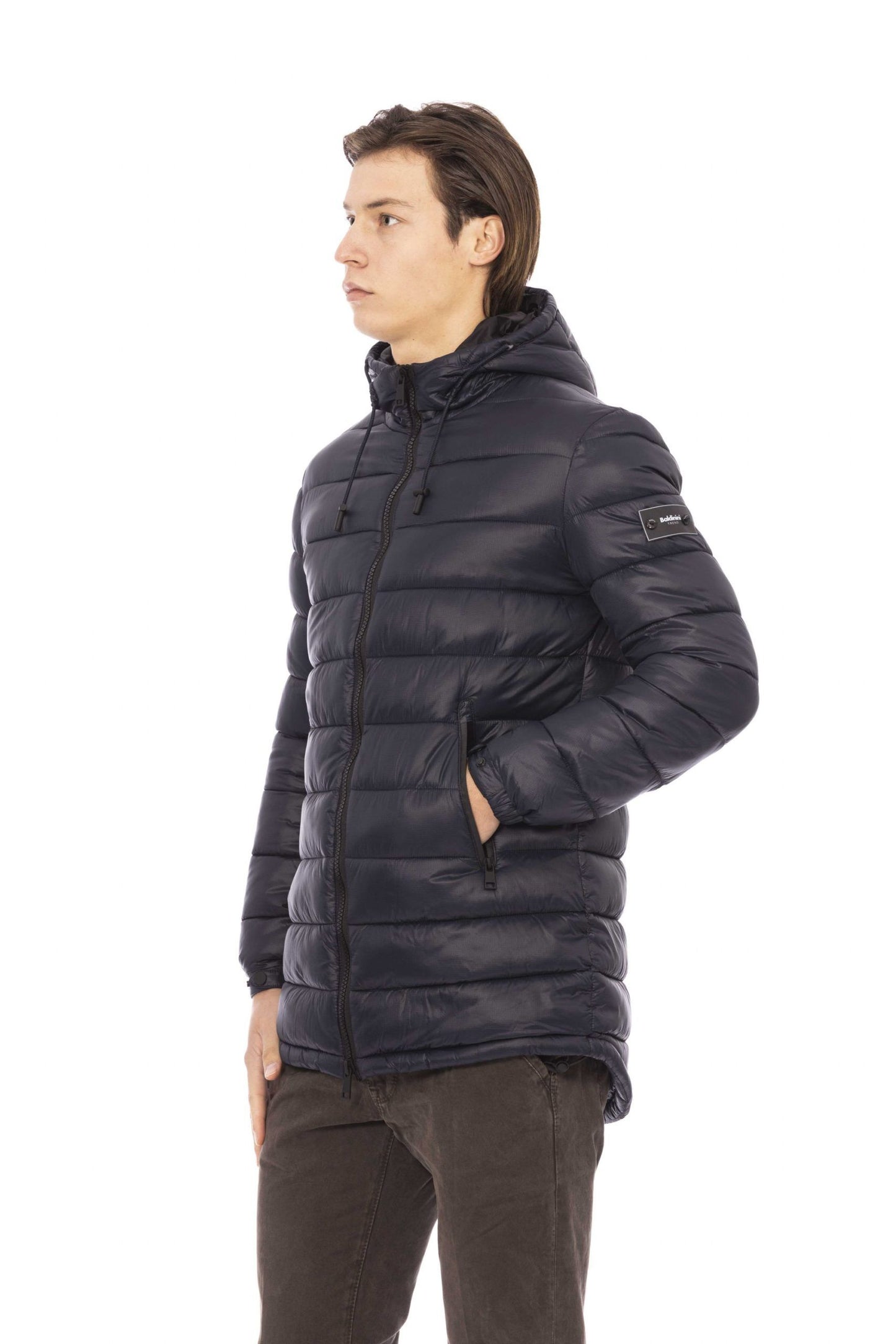 Elegant Blue Nylon Down Jacket with Metal Monogram