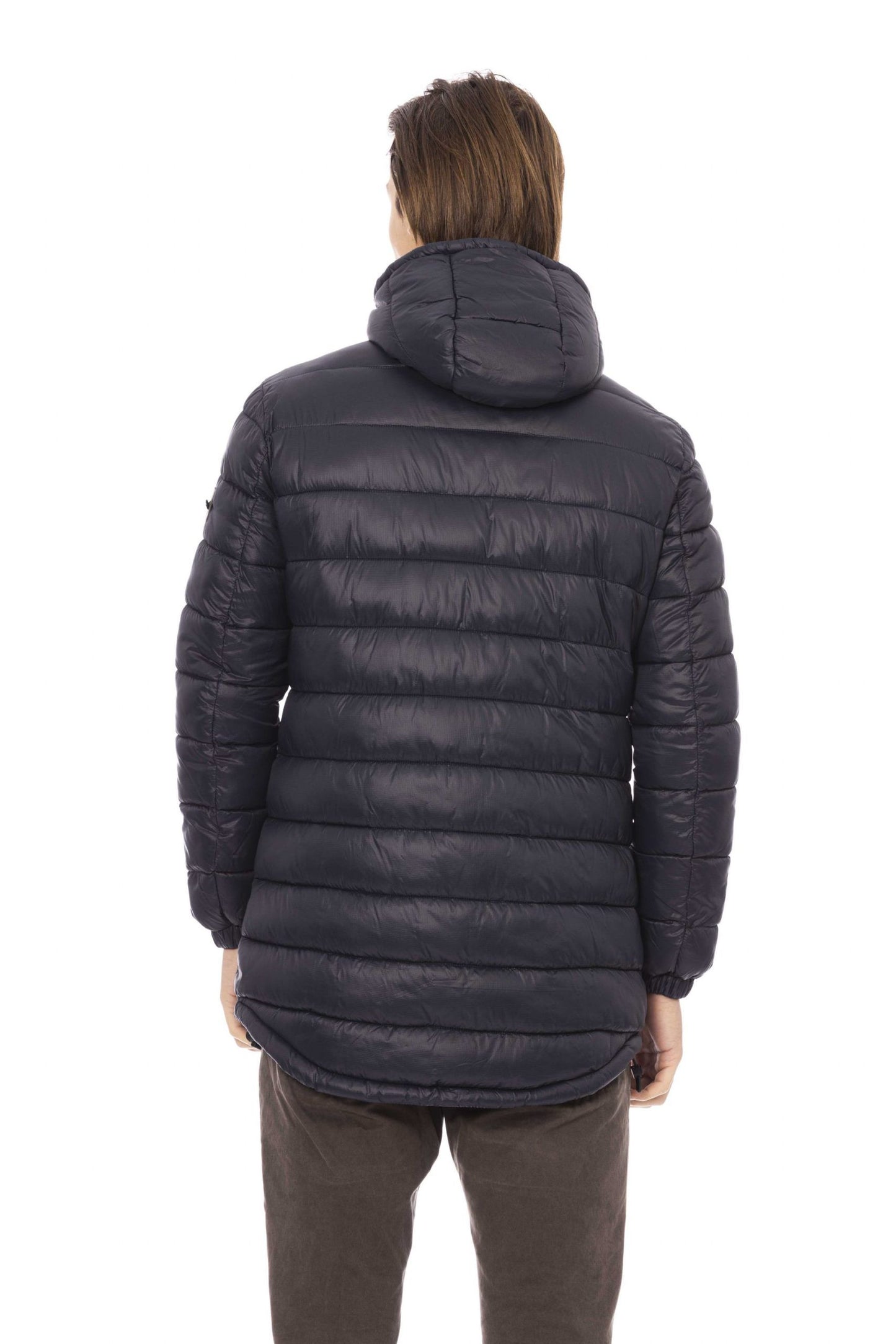 Elegant Blue Nylon Down Jacket with Metal Monogram