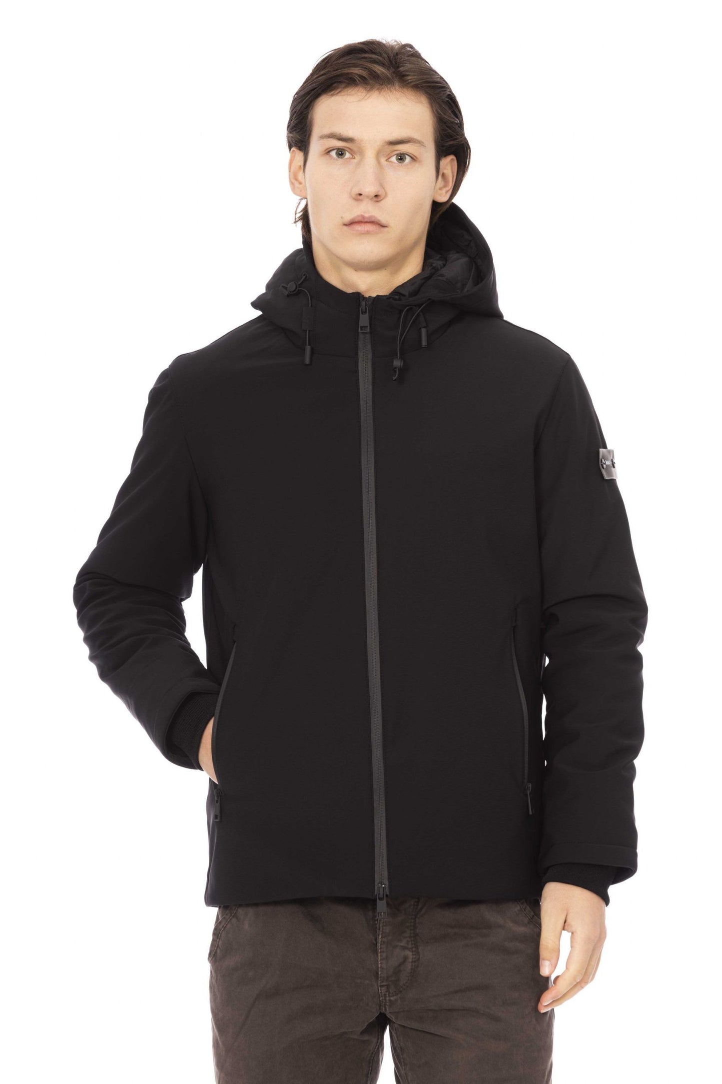 Sleek Black Hooded Jacket with Monogram Detail