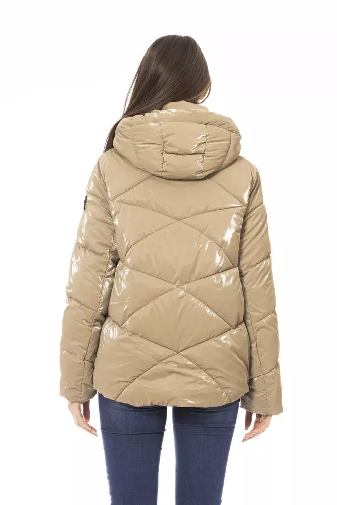 Beige Short Down Jacket with Metal Monogram