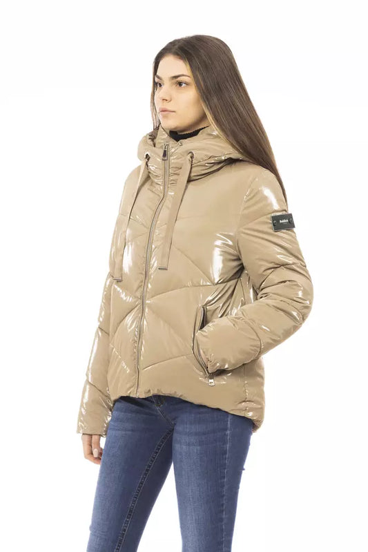 Beige Short Down Jacket with Metal Monogram