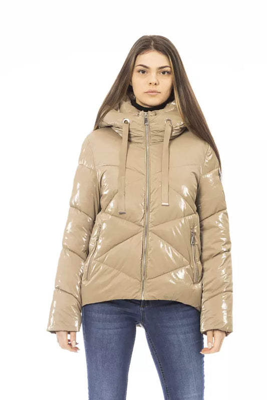 Beige Short Down Jacket with Metal Monogram