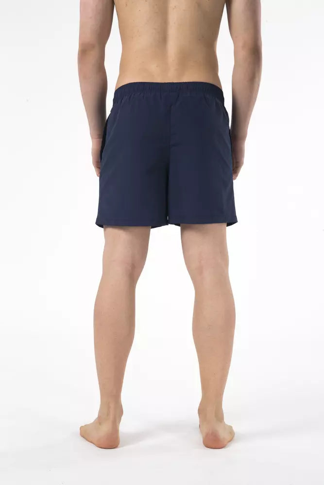 Blue Drawstring Beach Shorts with Print Detail