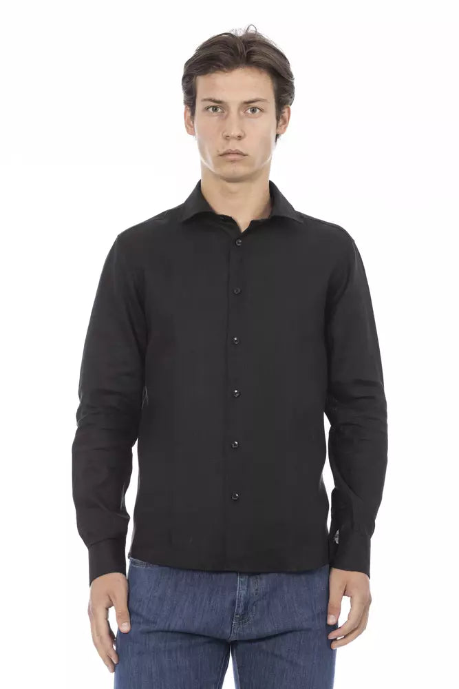 Sleek Black Italian Linen Men's Slim Shirt