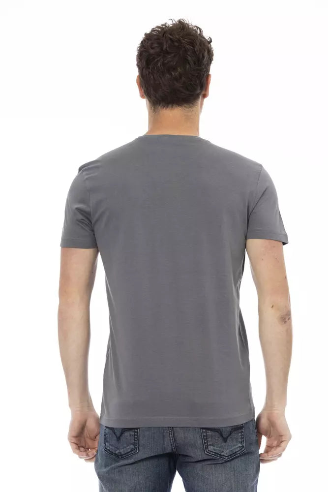 Elegant Gray Round Neck Tee with Front Print