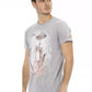 Chic Gray Cotton-Blend Tee with Artistic Front Print