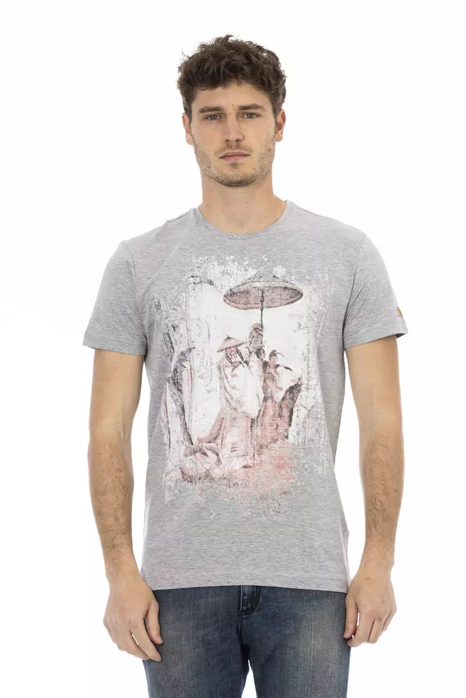 Chic Gray Cotton-Blend Tee with Artistic Front Print