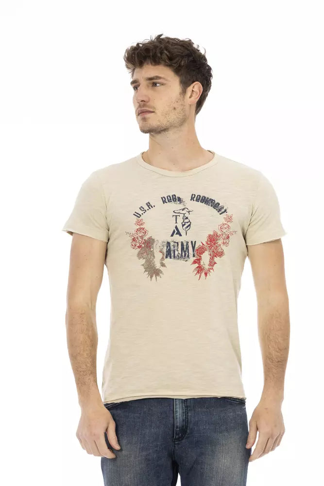 Beige Short Sleeve Cotton Blend T-Shirt