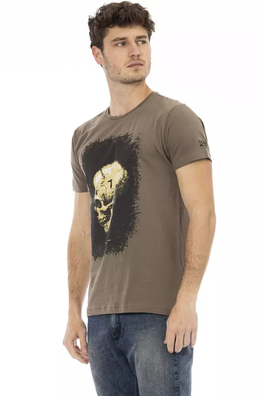 Elegant Short Sleeve Brown Tee with Unique Print