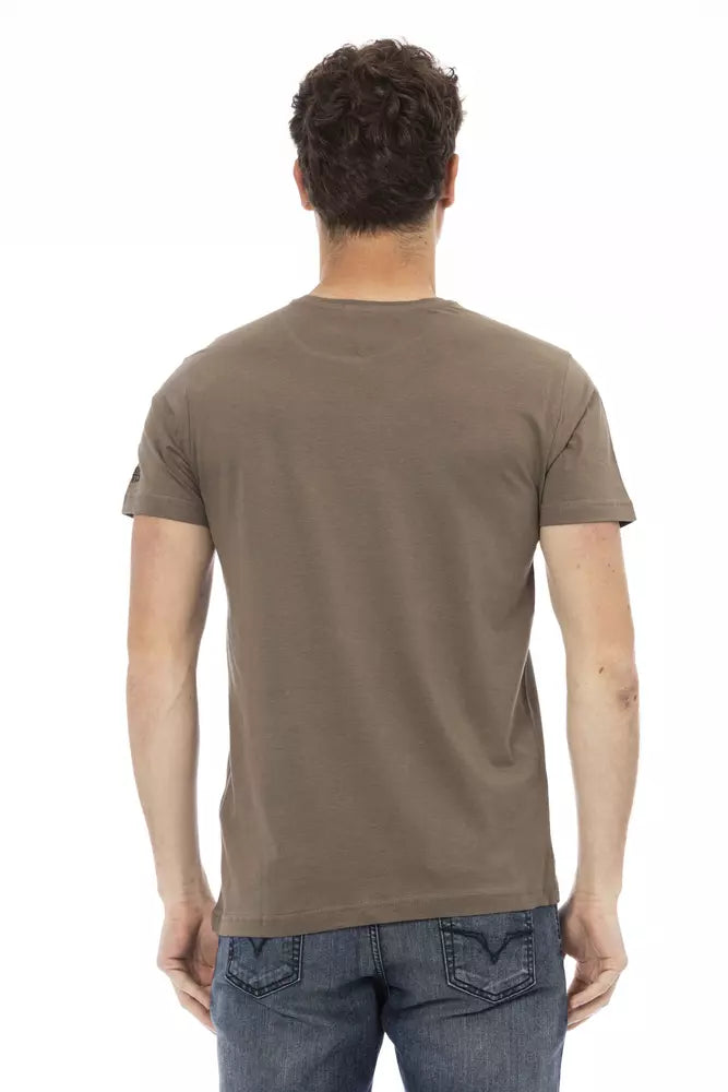 Elegant Short Sleeve Brown Tee with Unique Print