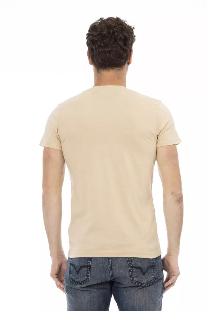 Beige V-Neck Tee with Elegant Front Print