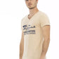 Beige V-Neck Tee with Elegant Front Print